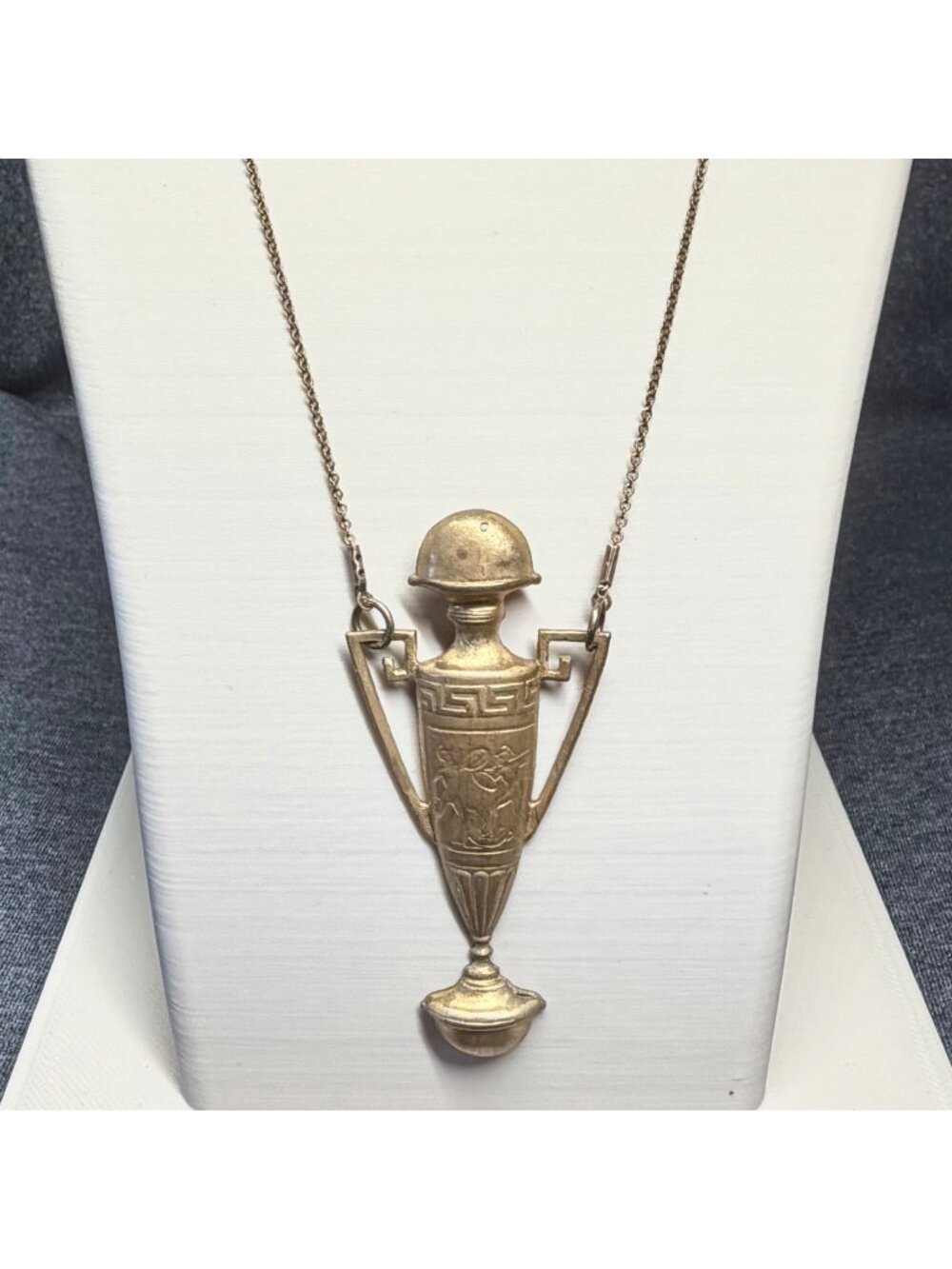 Necklace Gold Tone Greek Urn Pendant Grecian Revival Statement 28"